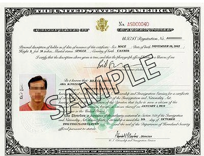 Sample image of a certificate of U.S. citizenship